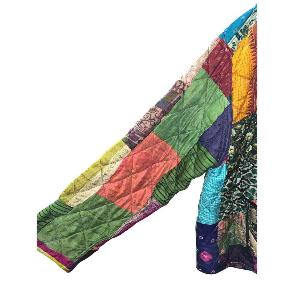 ArtEZen Boho Quilted Patchwork Reversible Jacket Multi 100% Silk Hippie Coat - Picture 5 of 14